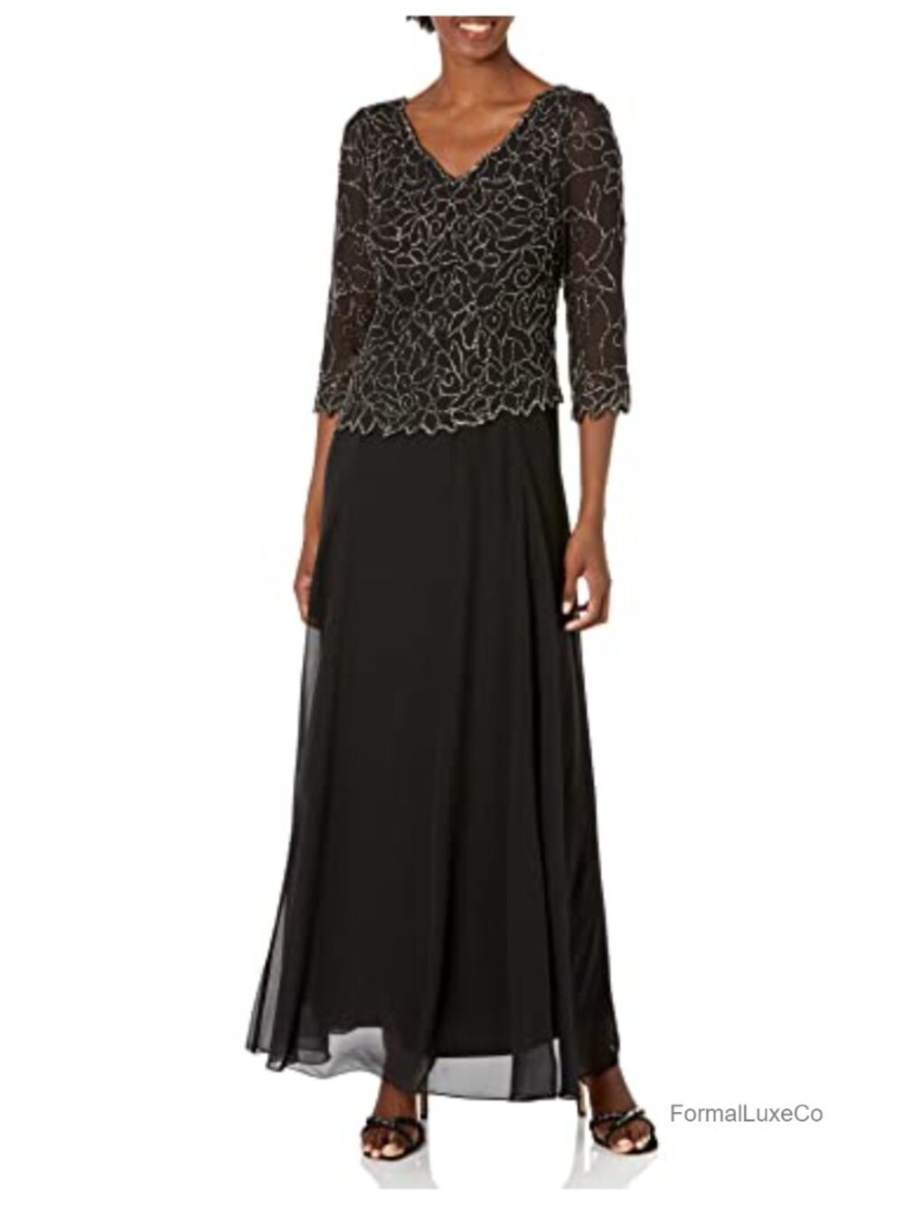 Handmade Beaded V-Neck 3/4 Sleeve Floor Length Long Dress